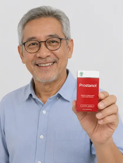 Pria dewasa tersenyum memperlihatkan kemasan Prostanol